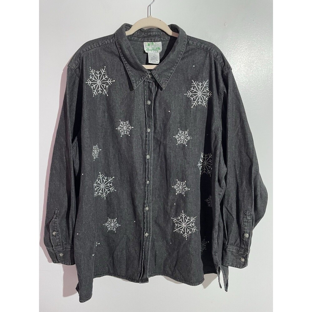 Quacker Factory Button Shirt 3X Black Rhinestone Winter Snowflakes Casual Travel